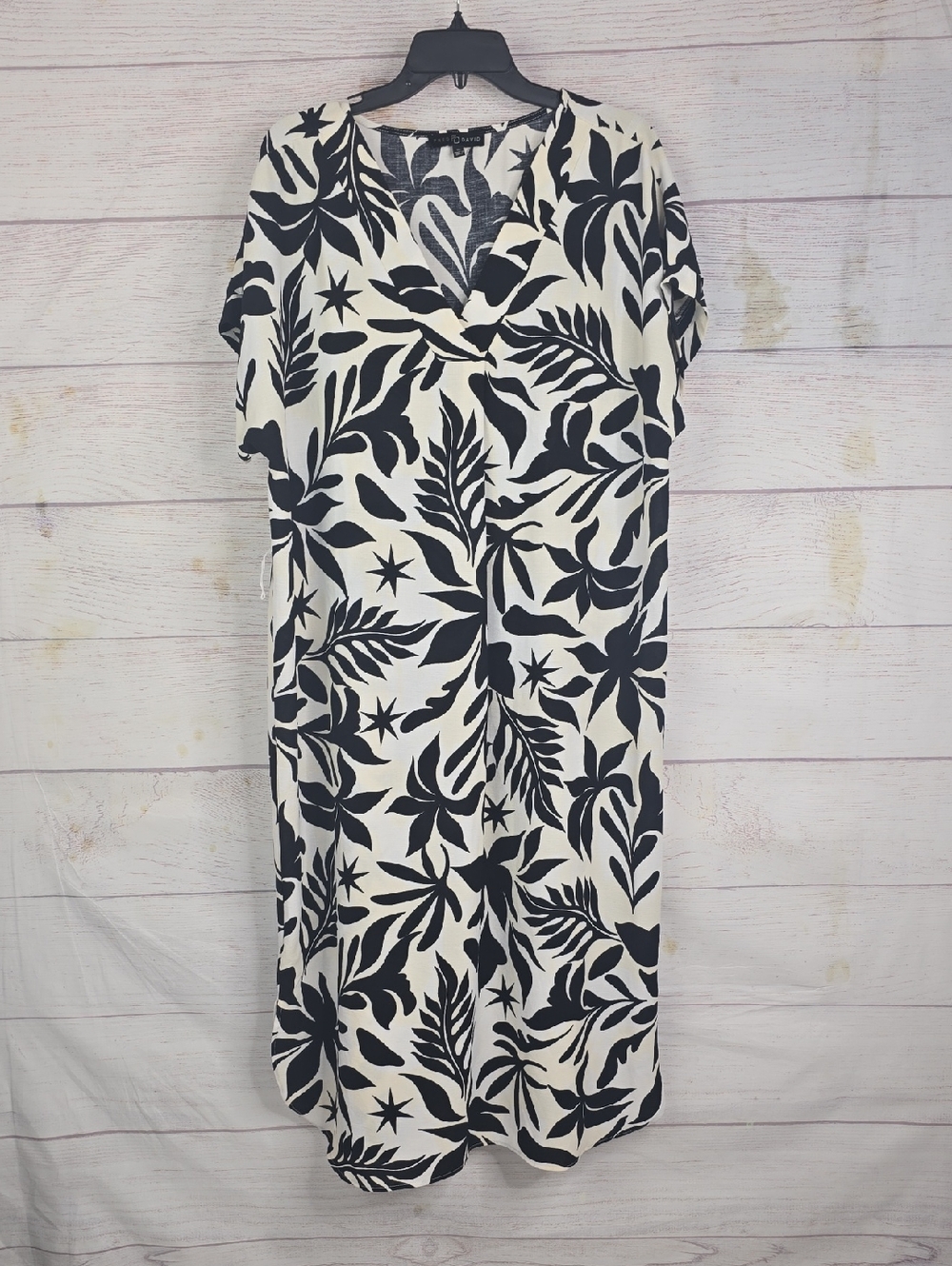 Black & Cream Leaf Print V-Neck Maxi Tropical Dress Sz XL